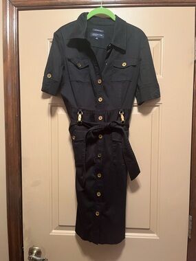 Jones New York Black Midi Shirt Dress with Gold Buttons